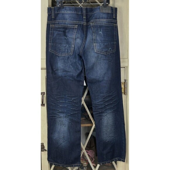 Machine Men Dark Blue Jean Sz 38x32 Distressed Straight Leg Relaxed Fit Denim T4 - Picture 3 of 11